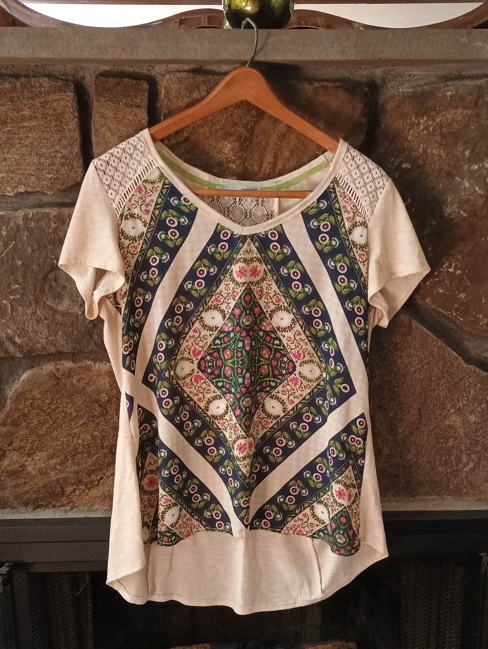 Maurices Cream Short Sleeve Top with Navy & Green Medallion Print